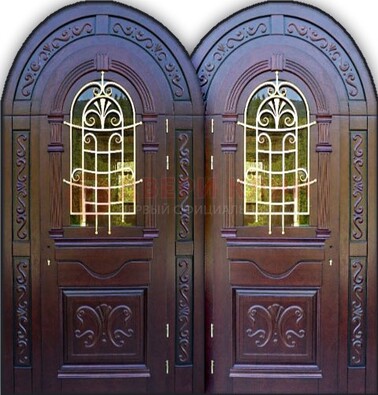 Индивидуальная арочная дверь со стеклом и ковкой ДА-19 в Тольятти