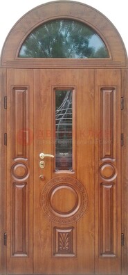 Двустворчатая железная дверь МДФ со стеклом в форме арки ДА-52 в Смоленске
