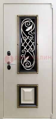 Белая стальная дверь с ковкой со стеклопакетом и МДФ ДК-30 в Смоленске