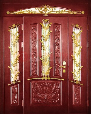Бордовая железная парадная дверь со стеклом и ковкой ДПР-75 в Смоленске