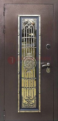 Железная дверь цвета медный антик со стеклом и ковкой ДСК-105 в Смоленске