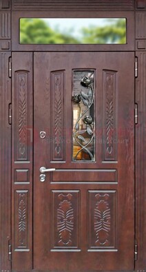 Коричневая железная дверь со стеклом и ковкой на улицу ДСК-127 в Смоленске