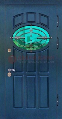 Синяя металлическая дверь со стеклом и ковкой ДСК-143 в Липецке