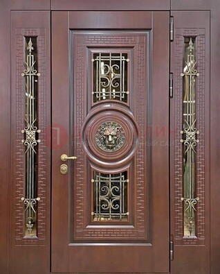 Коричневая стальная дверь со стеклом и ковкой ДСК-147 с фрамугами в Смоленске