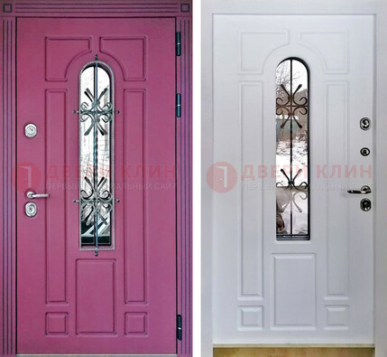 Розовая металлическая дверь со стеклом и ковкой ДСК-151 в Смоленске