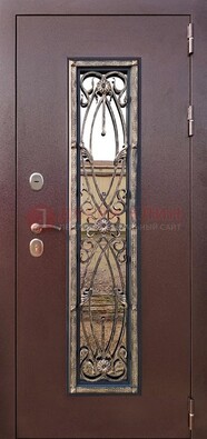 Коричневая стальная дверь порошок со стеклом и ковкой для дома ДСК-169 в Смоленске