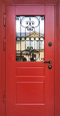 Красная железная дверь Винорит со стеклом и ковкой ДСК-205 в Смоленске