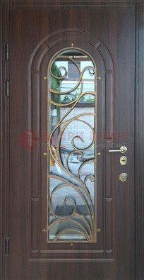 Железная дверь Винорит со стеклом и ковкой в темном цвете ДСК-216 в Санкт-Петербурге