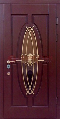 Бордовая стальная дверь Винорит со стеклом и ковкой ДСК-263 в Смоленске