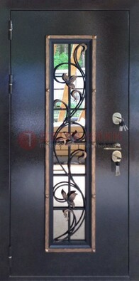 Железная дверь с порошковым напылением стеклом и ковкой ДСК-279 в Смоленске