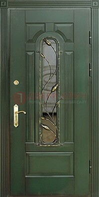Железная дверь со стеклом и ковкой ДСК-9 для офиса в Смоленске