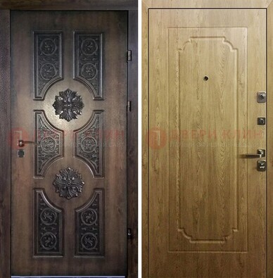 Железная коричневая дверь с виноритом и Золотой дуб внутри ДВТ-101 в Тамбове