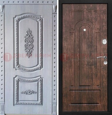 Железная дверь с узором и виноритом внутри Тисненый орех ДВТ-102 в Раменском