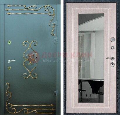 Железная темная дверь c порошковым напылением и МДФ Белый дуб с зеркалом ДЗ-110 в Смоленске