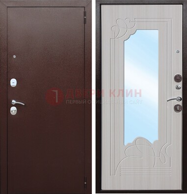 Коричневая металлическая дверь с зеркалом МДФ внутри ДЗ-33 в Смоленске