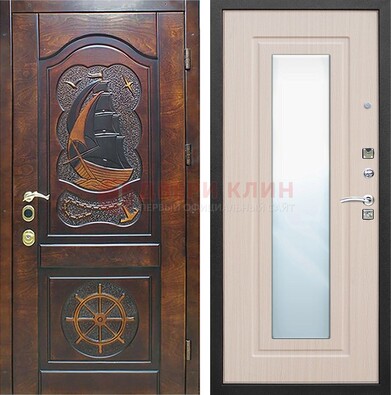 Темная уличная дверь с резьбой и зеркалом внутри ДЗ-49 в Смоленске