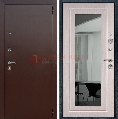 Входная дверь с порошковым напылением Медный антик/Белый дуб с зеркалом ДЗ-63 в Смоленске