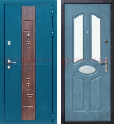 Голубая металлическая дверь МДФ с тремя зеркальными вставками ДЗ-78 в Смоленске