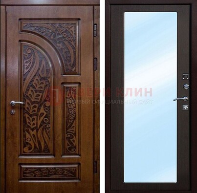 Коричневая входная дверь c узором и виноритом МДФ с зеркалом ДЗ-98 в Смоленске