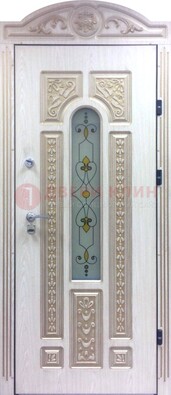 Белая железная дверь с МДФ и витражом ВЖ-26 в Смоленске