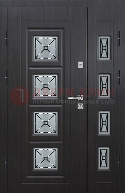 Чёрная двухстворчатая железная дверь с МДФ и витражом ВЖ-35 в Смоленске