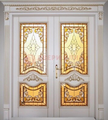 Элитная металлическая дверь с витражом и отделкой массив ВЖ-4 в Смоленске