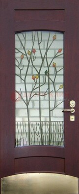 Бордовая стальная дверь с витражом и декоративным элементом ВЖ-3 в Смоленске